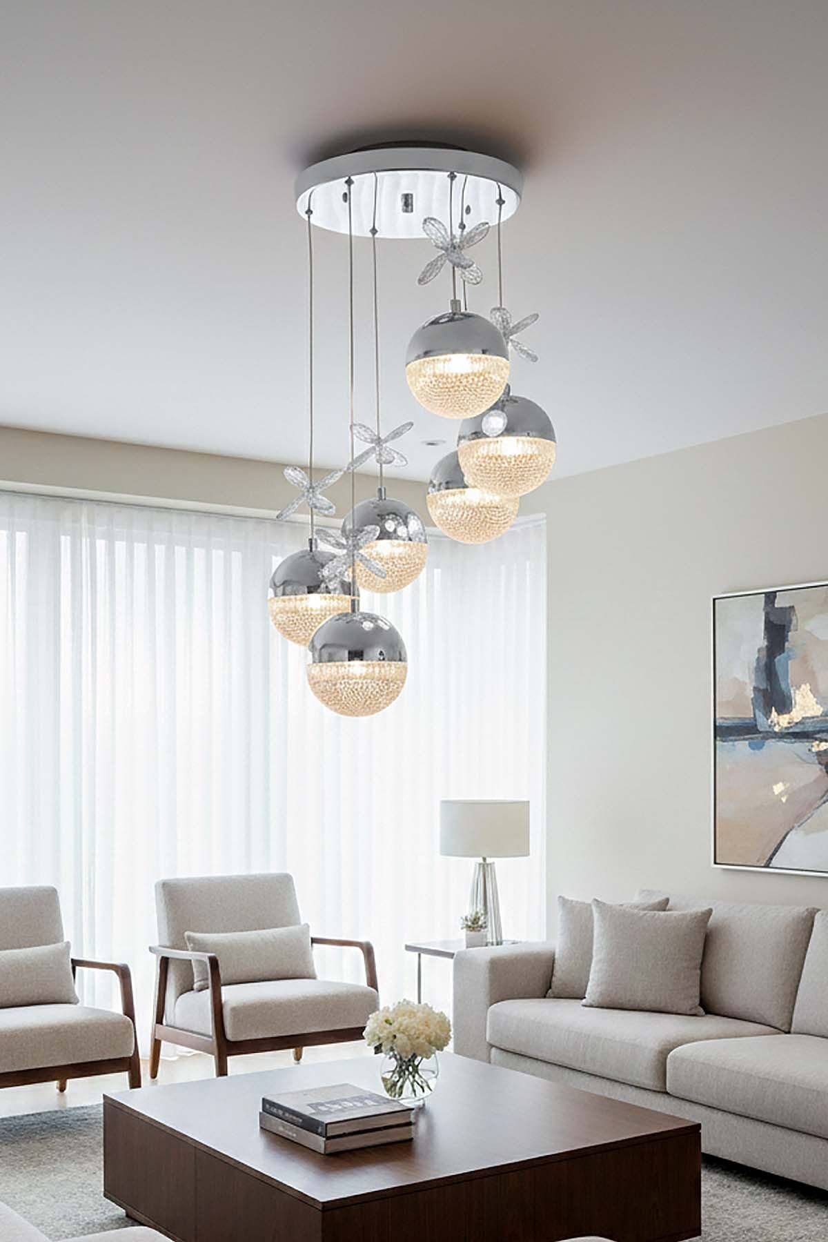 Rosali Serisi 6 Toplu Krom Led Sarkıt Avize, 3 Renk Yanabilen Power Led Avize