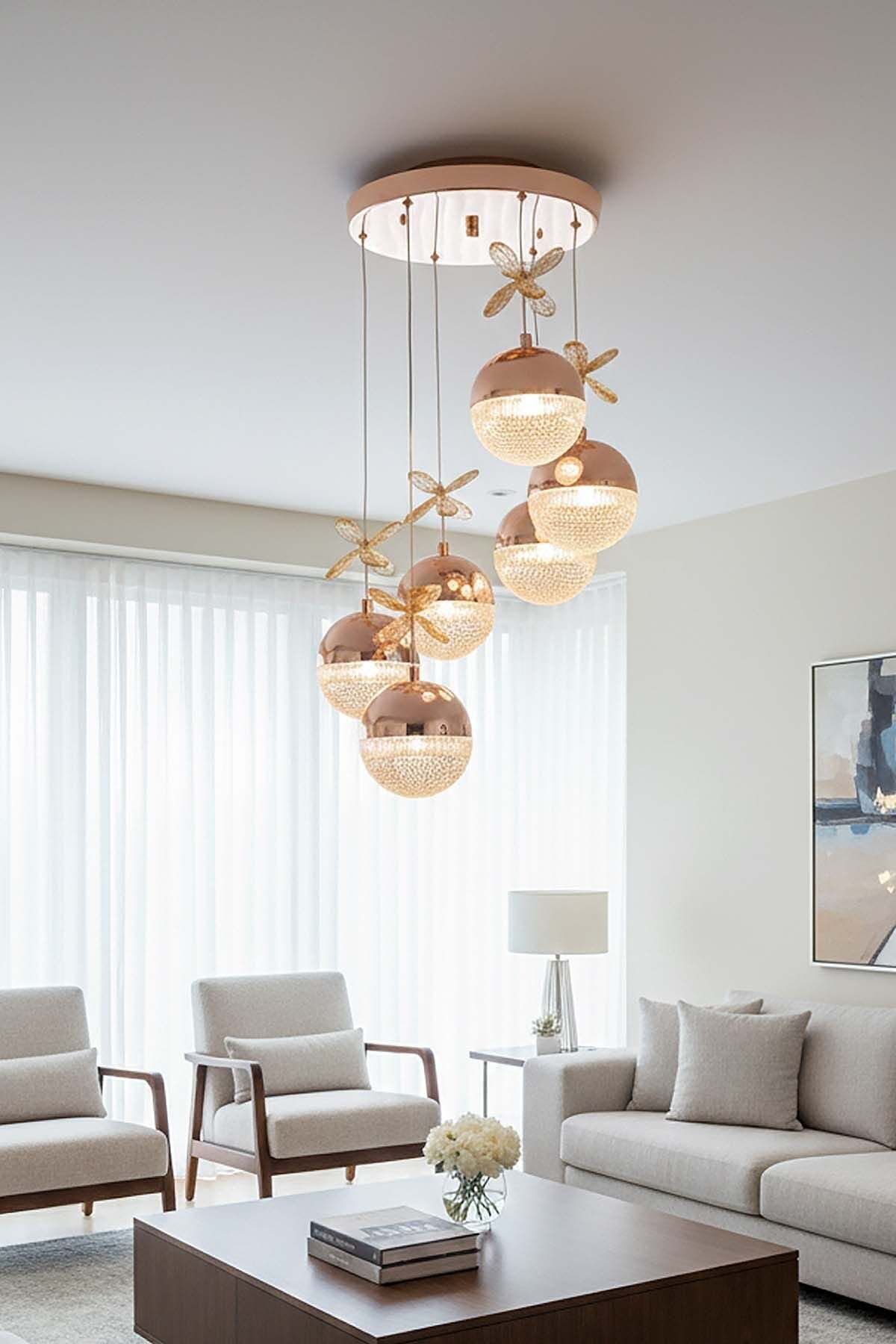 Rosali Serisi 6 Toplu Gold Led Sarkıt Avize, 3 Renk Yanabilen Power Led Avize