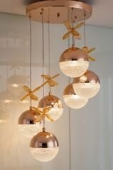 Rosali Serisi 6 Toplu Gold Led Sarkıt Avize, 3 Renk Yanabilen Power Led Avize