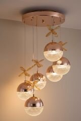 Rosali Serisi 6 Toplu Gold Led Sarkıt Avize, 3 Renk Yanabilen Power Led Avize