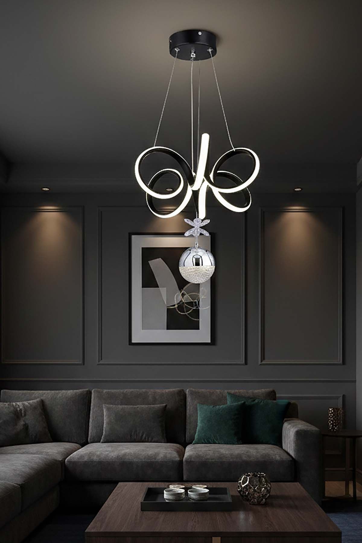 Lizbon Serisi Tek Toplu Siyah Led Avize, 3 Renk Yanabilen Sarkıt Power Led Avize, Mutfak Salon Hol Sarkıt Led Avize