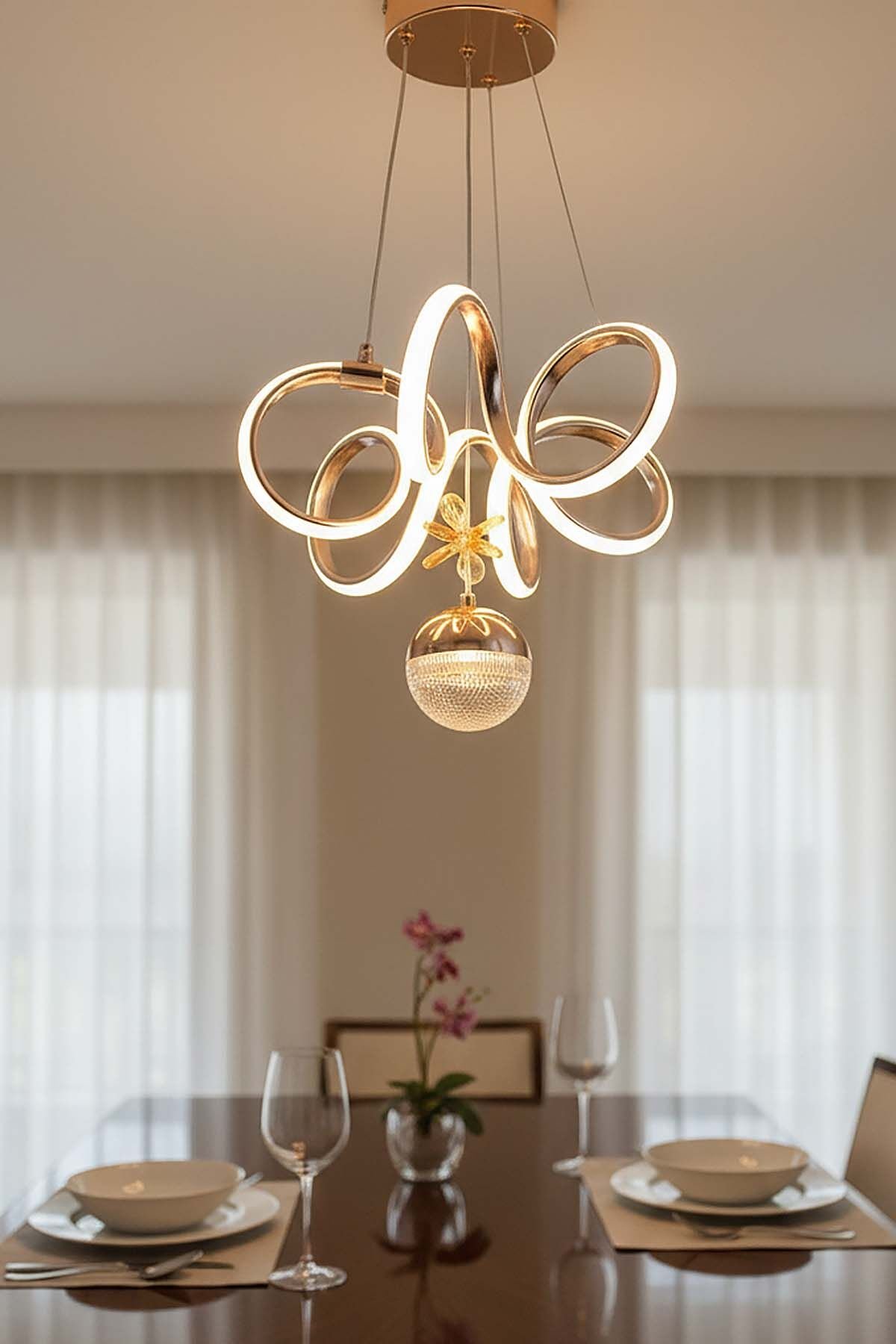 Lizbon Serisi Tek Toplu Gold Led Avize, 3 Renk Yanabilen Sarkıt Power Led Avize, Mutfak Salon Hol Sarkıt Led Avize