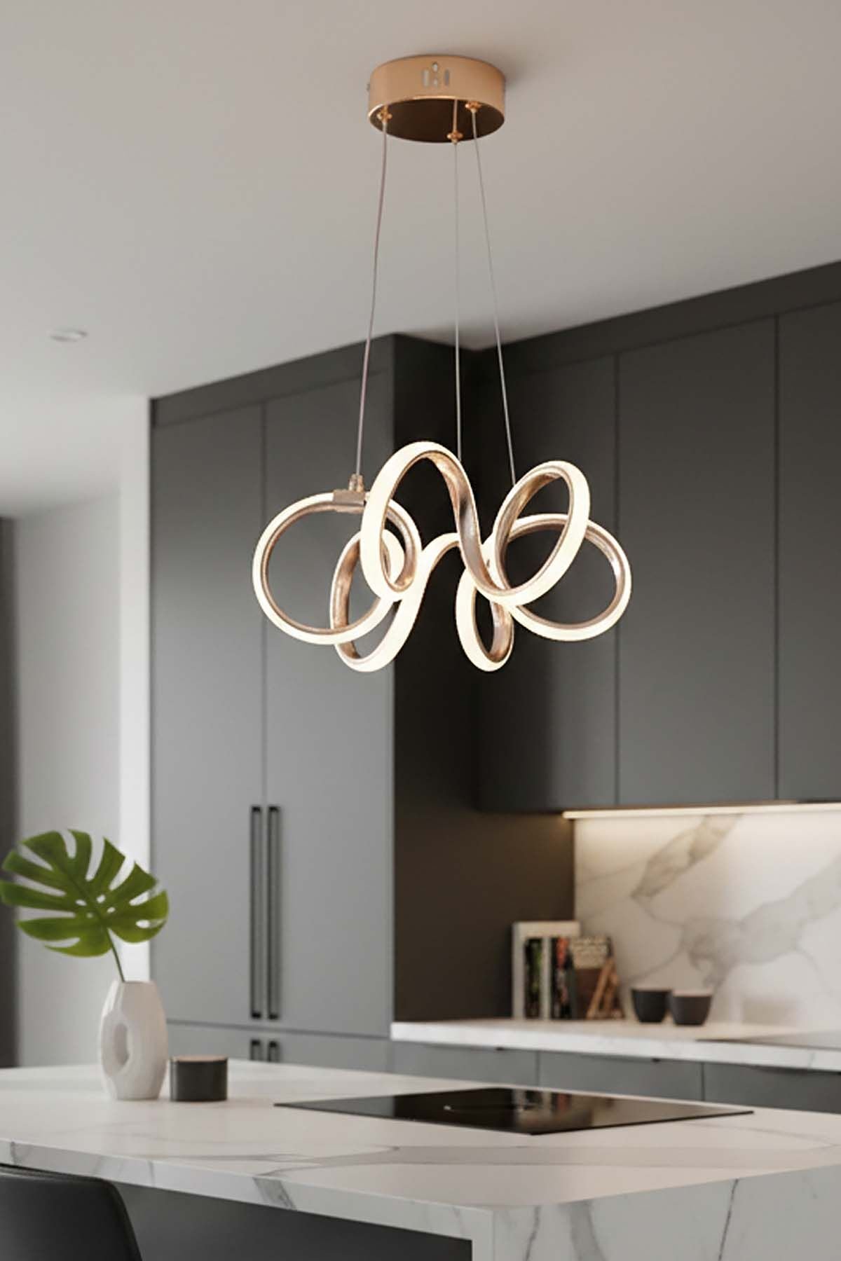 Lizbon Serisi Küçük Gold Led Avize, 3 Renk Yanabilen Sarkıt Power Led Avize, Mutfak Salon Hol Sarkıt Led Avize