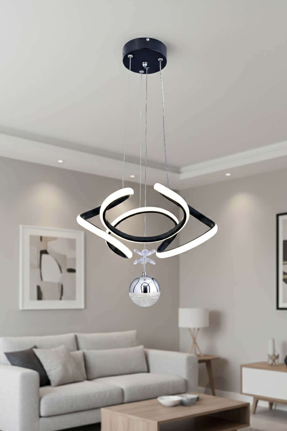 Napoli Serisi Tek Toplu Siyah Sarkıt Avize, 3 Renk Yanabilen Power Led Avize, Modern Salon Oturma Odası Led Avize