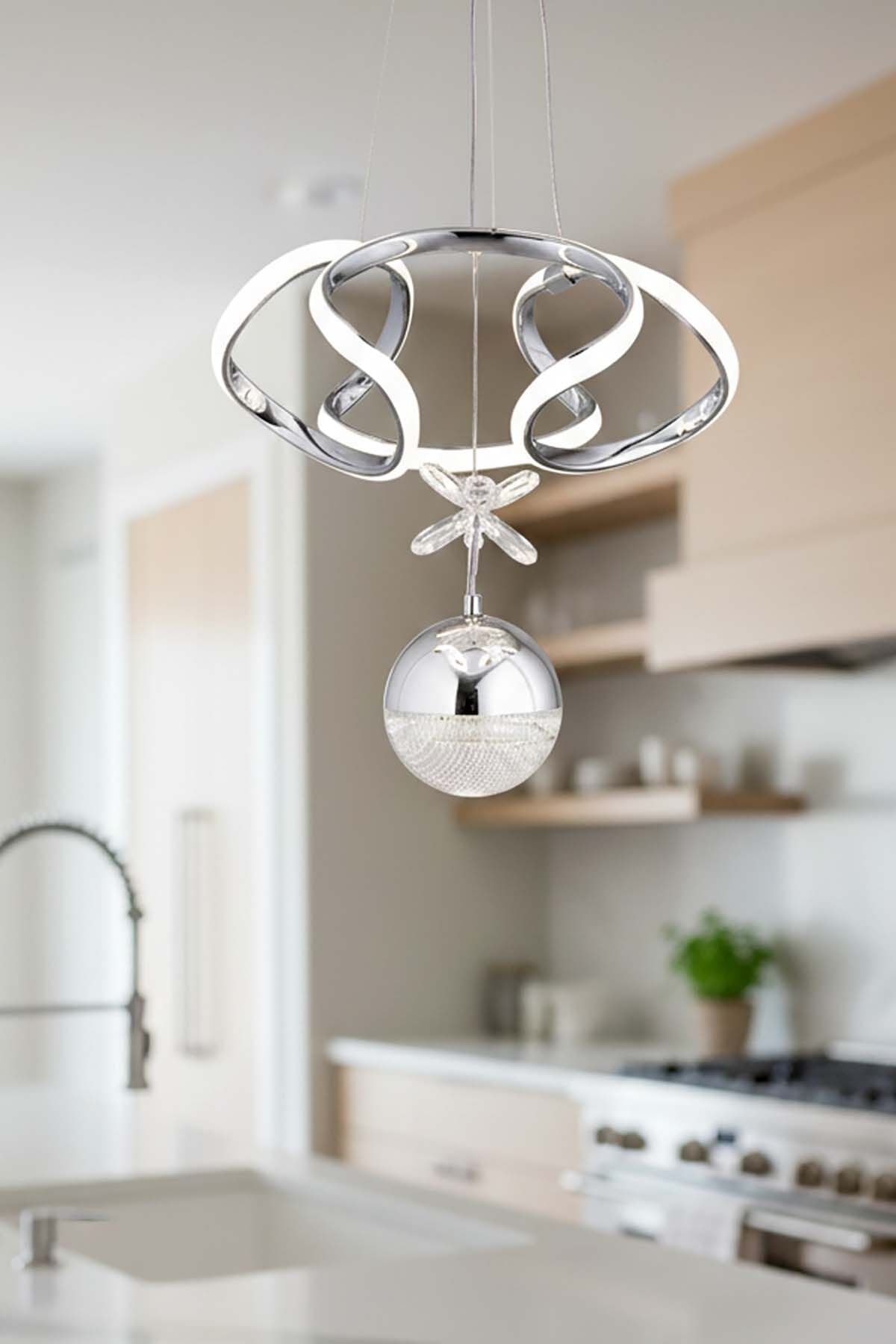 Napoli Serisi Tek Toplu Krom Sarkıt Avize, 3 Renk Yanabilen Power Led Avize, Modern Salon Oturma Odası Led Avize