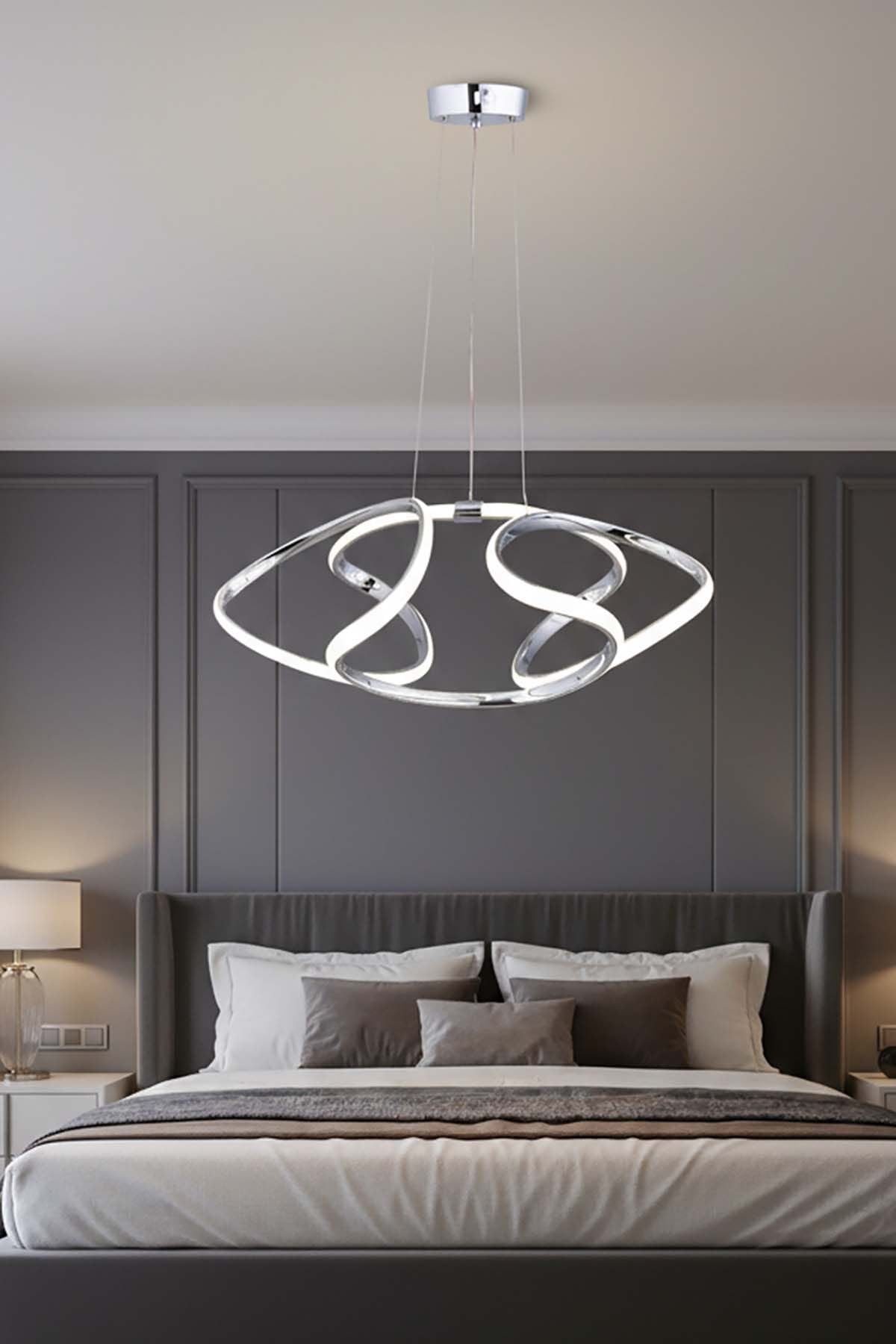 Napoli Serisi Küçük Krom Sarkıt Avize, 3 Renk Yanabilen Power Led Avize, Modern Salon Oturma Odası Led Avize