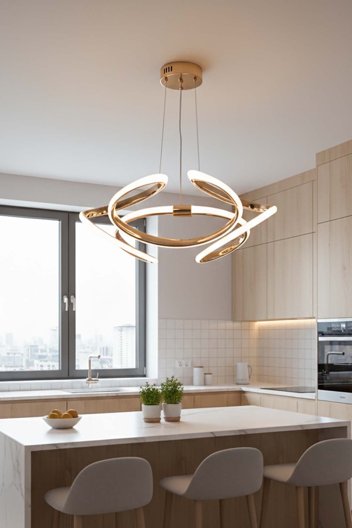 Napoli Serisi Küçük Gold Sarkıt Avize, 3 Renk Yanabilen Power Led Avize, Modern Salon Oturma Odası Led Avize