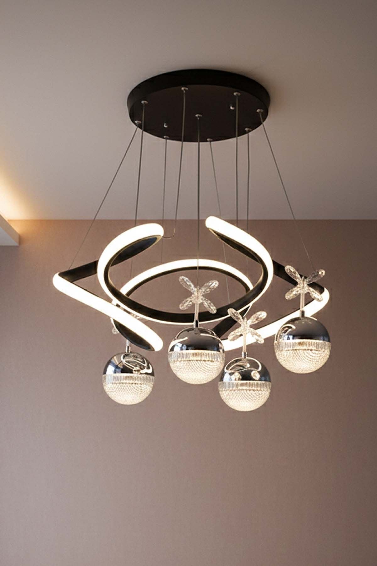 Napoli Serisi 4 Toplu Siyah Sarkıt Avize, 3 Renk Yanabilen Power Led Avize, Modern Salon Oturma Odası Led Avize