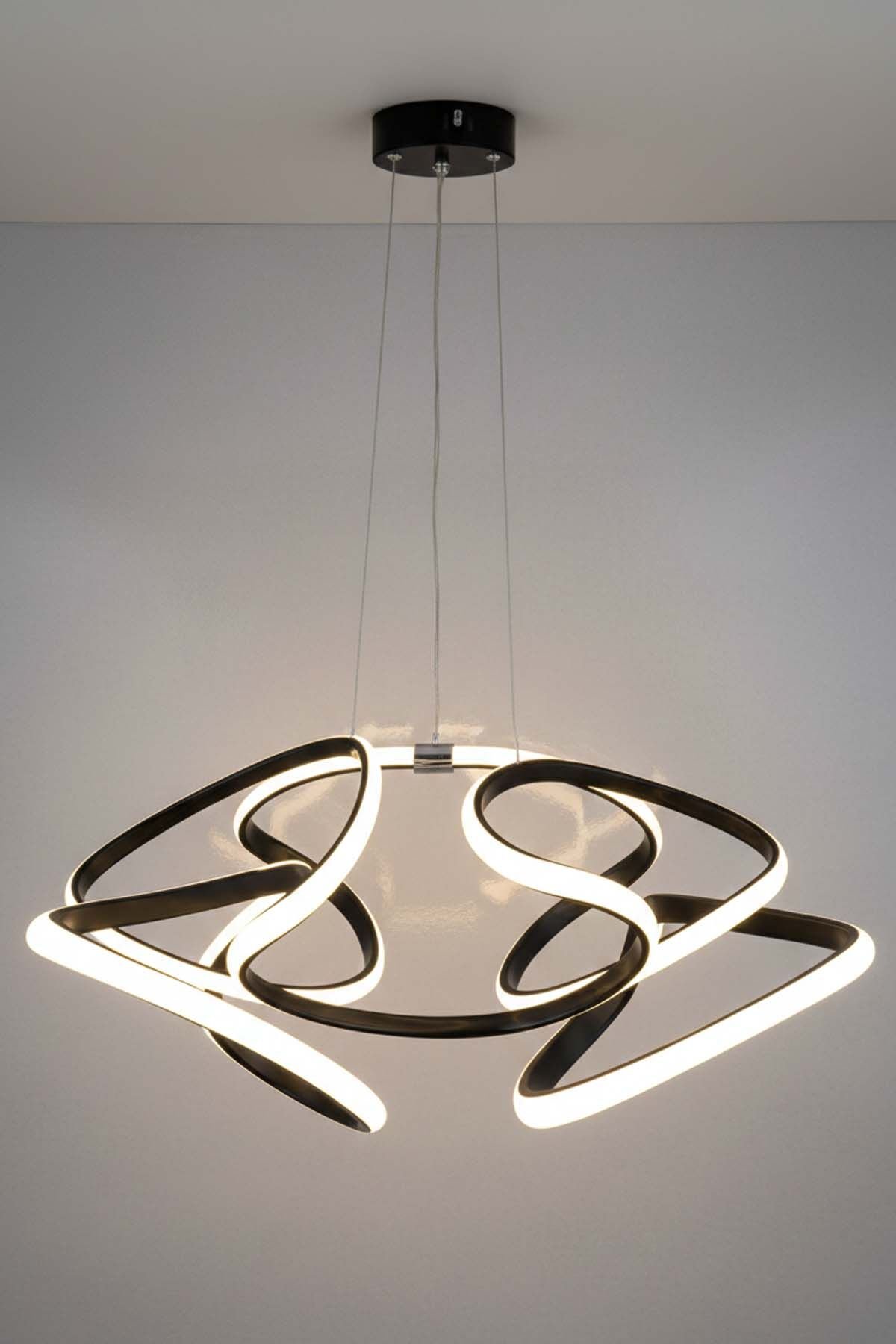 Napoli Serisi Büyük Siyah Sarkıt Avize, 3 Renk Yanabilen Power Led Avize, Modern Salon Oturma Odası Led Avize