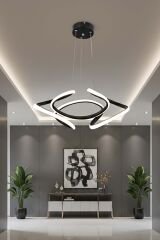 Napoli Serisi Büyük Siyah Sarkıt Avize, 3 Renk Yanabilen Power Led Avize, Modern Salon Oturma Odası Led Avize