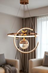 Hilal Tek Toplu Gold Renk Sarkıt Led Avize, 3 Renk Işık Özellikli Power Led Avize