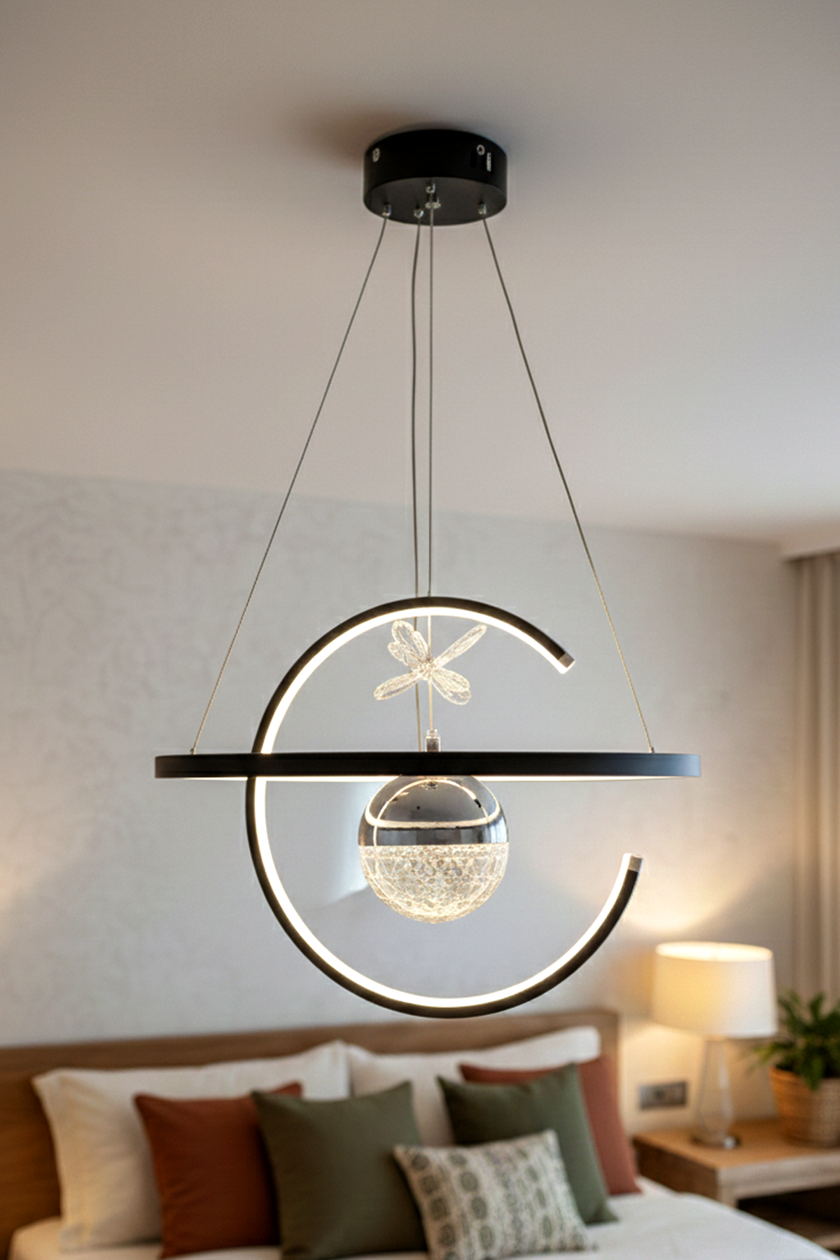 Hilal Tek Toplu Siyah Renk Sarkıt Led Avize, 3 Renk Işık Özellikli Power Led Avize