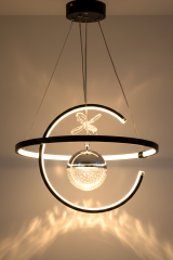 Hilal Tek Toplu Siyah Renk Sarkıt Led Avize, 3 Renk Işık Özellikli Power Led Avize