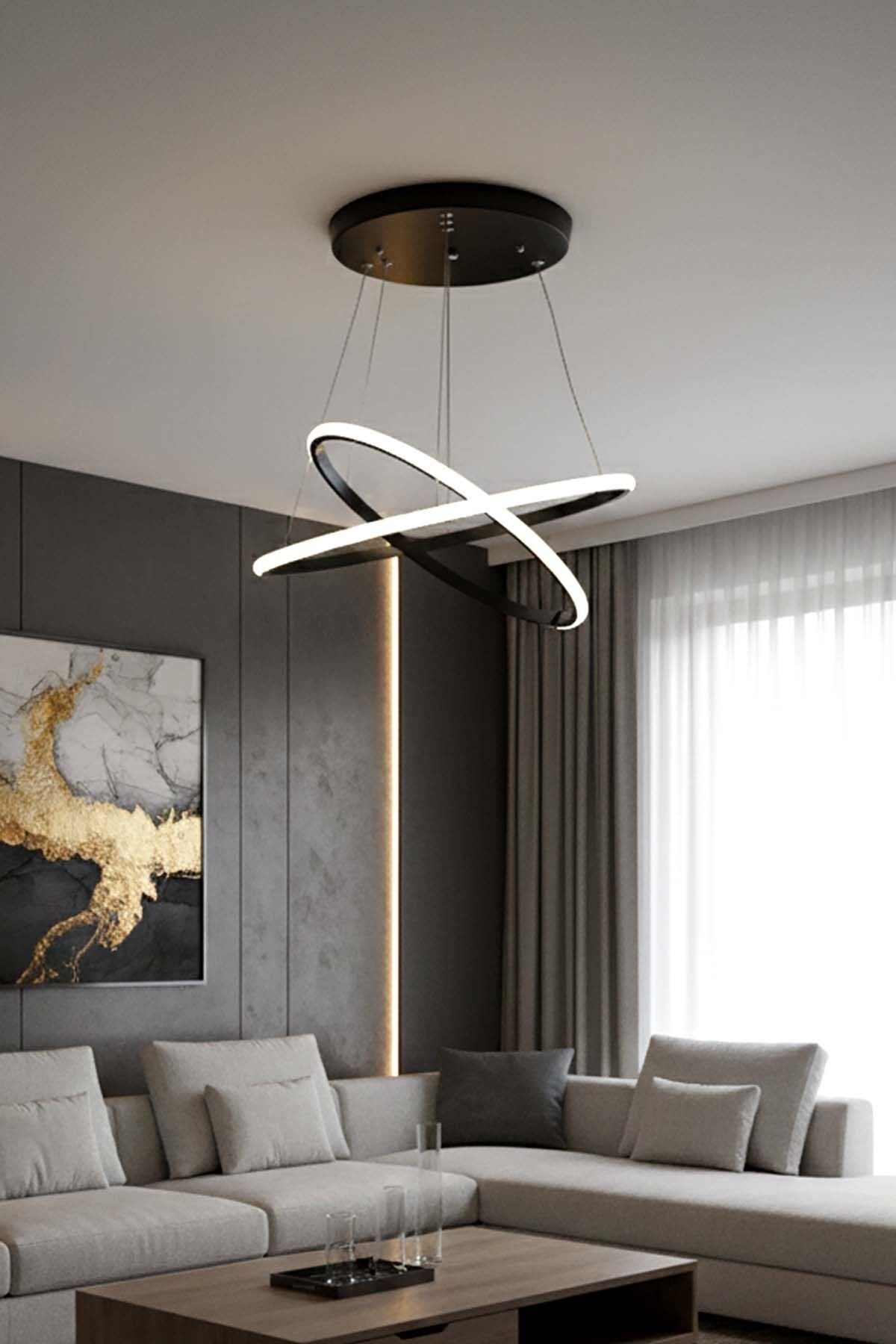 Halka Model 2 Şeritli Sarkıt Led Avize, 3 Renk Yanabilen Led Avize, Modern Salon Oturma Odası Led Avize