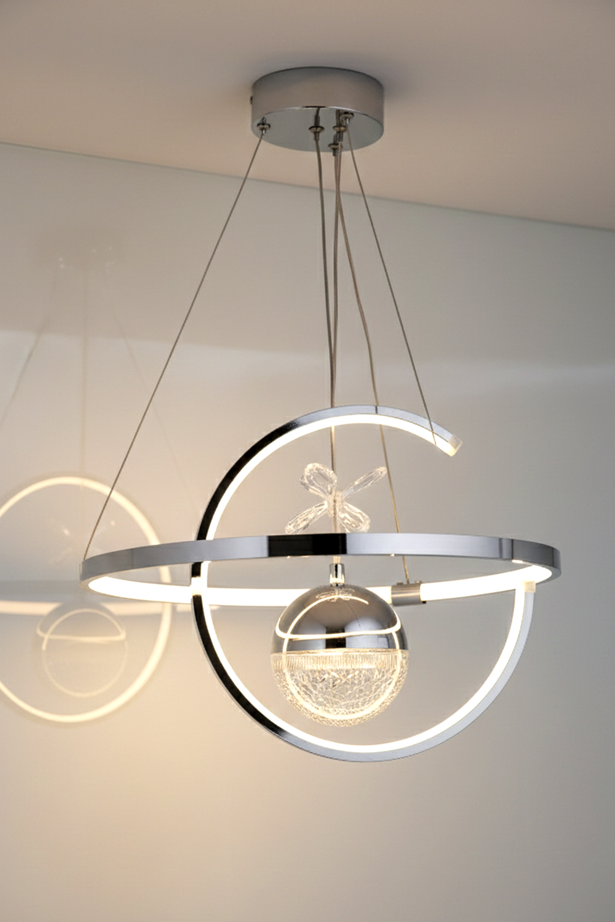 Hilal Tek Toplu Krom Renk Sarkıt Led Avize, 3 Renk Işık Özellikli Power Led Avize