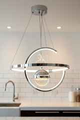 Hilal Tek Toplu Krom Renk Sarkıt Led Avize, 3 Renk Işık Özellikli Power Led Avize