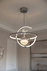 Hilal Tek Toplu Krom Renk Sarkıt Led Avize, 3 Renk Işık Özellikli Power Led Avize