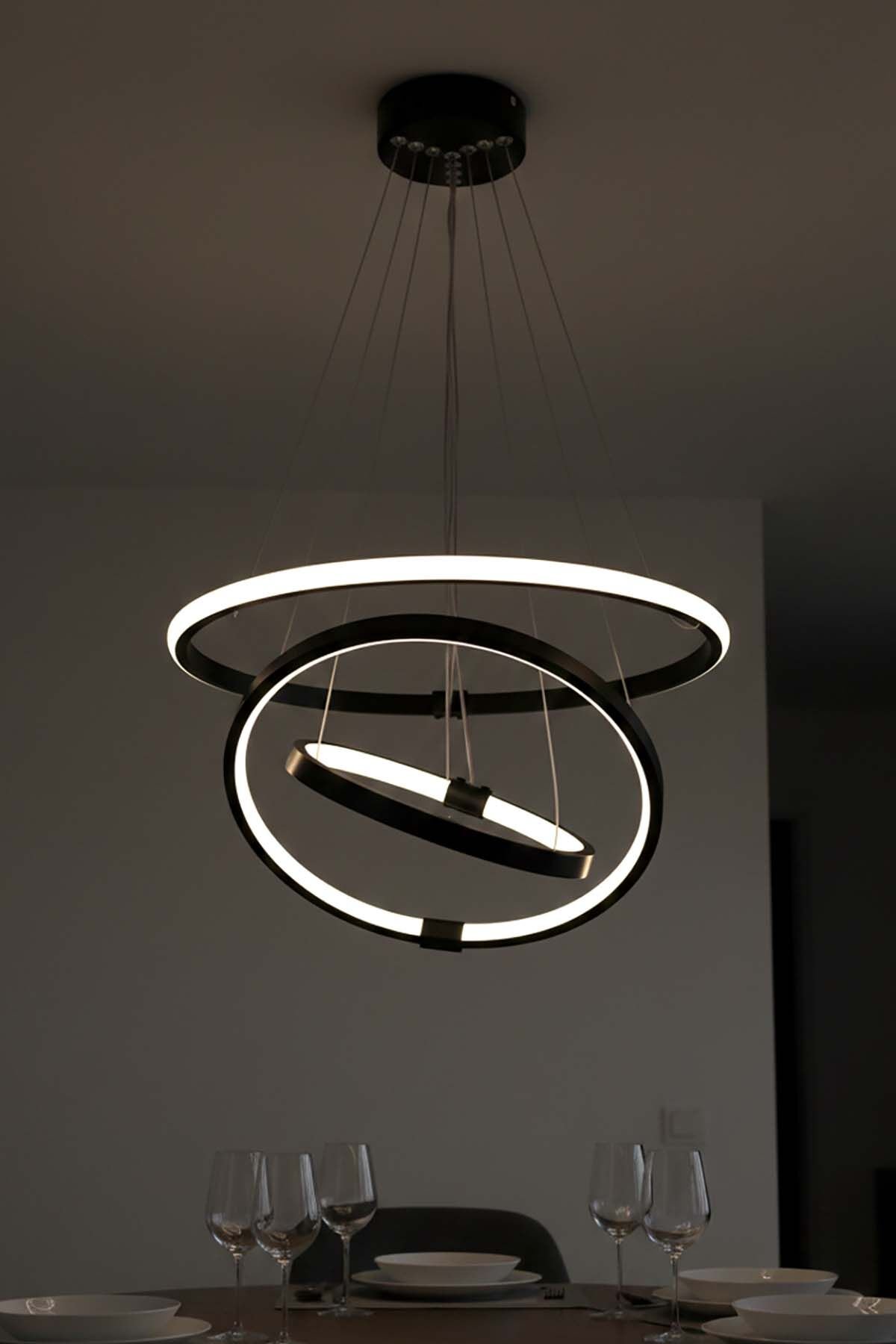 Halka Model 3 Şeritli Sarkıt Led Avize, 3 Renk Yanabilen Led Avize, Modern Salon Oturma Odası Led Avize