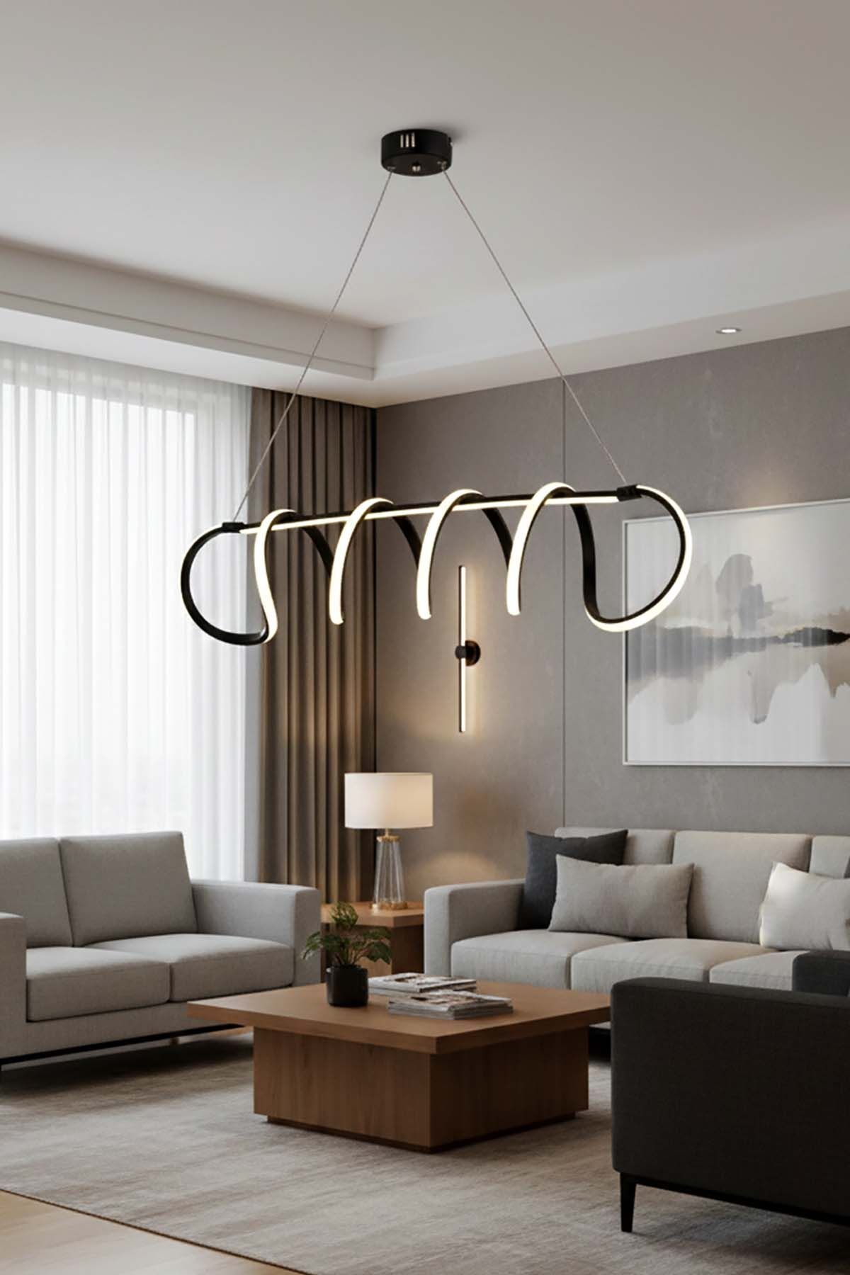 Sare Serisi Siyah Sarkıt Led Avize, Yemek Masası Salon Oda Sarkıt Led Avize, 3 Renk Yanabilen Power Led Avize