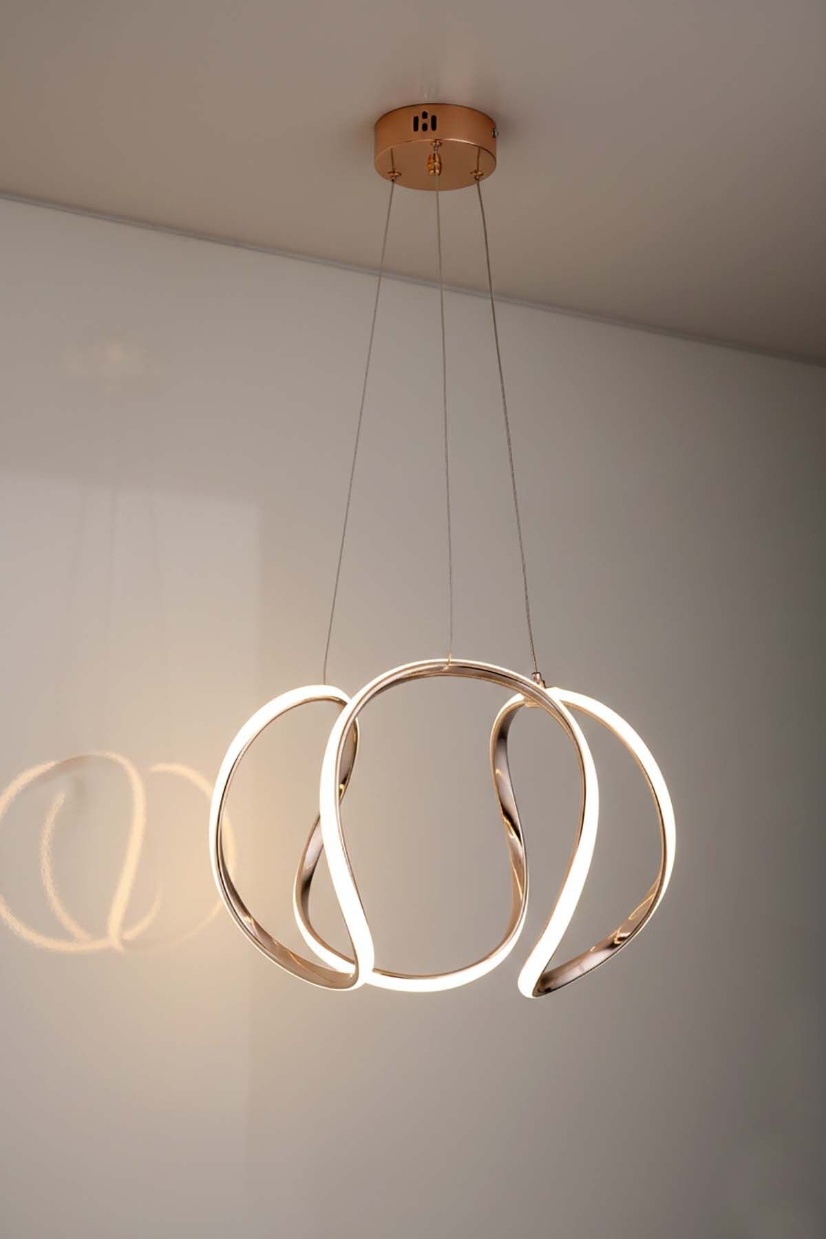 Kiev Serisi Büyük Gold Led Avize, 3 Renk Yanabilen Power Led Avize, Mutfak Salon Hol Sarkıt Led Avize