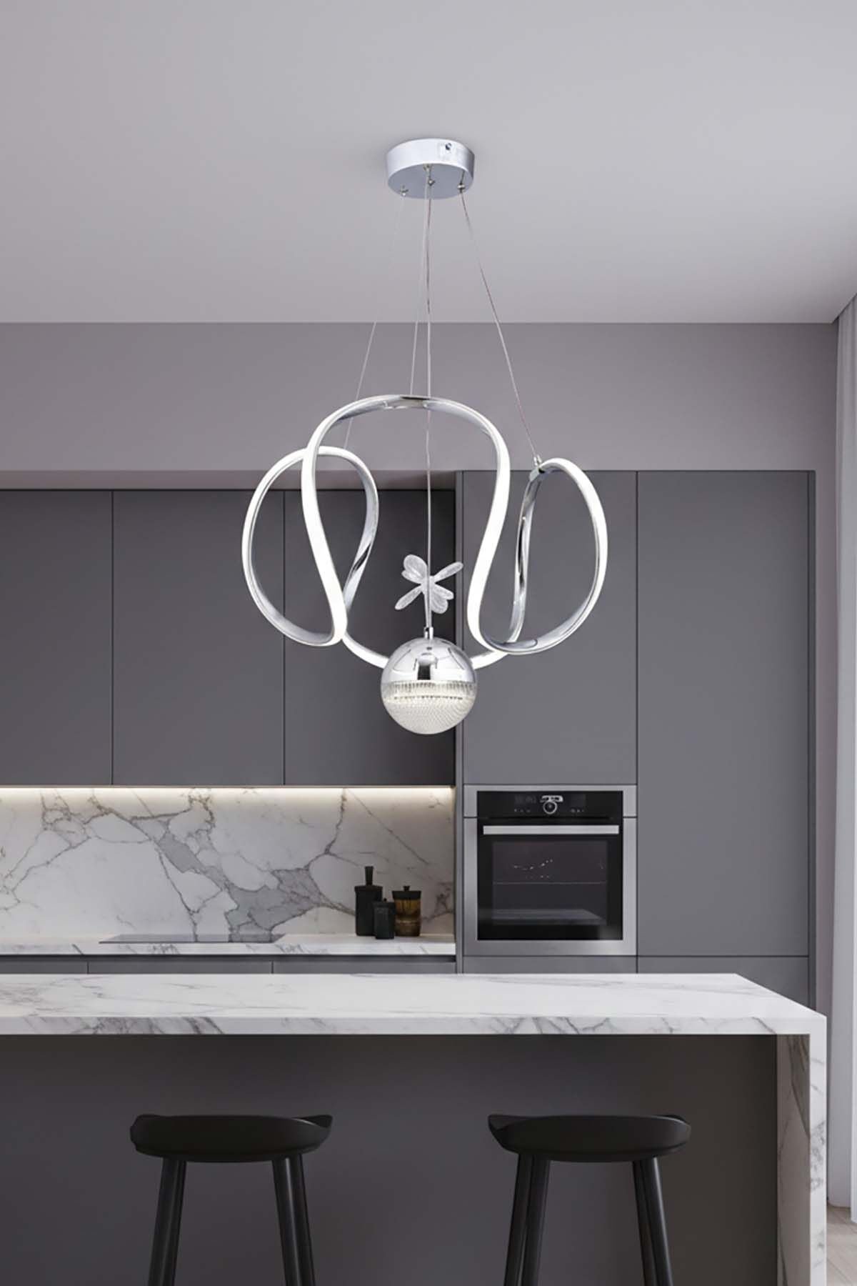 Kiev Serisi Tek Toplu Krom Led Avize, 3 Renk Yanabilen Power Led Avize, Mutfak Salon Hol Sarkıt Led Avize