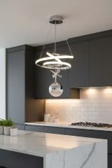 Paok Tek Toplu Krom Power Led Avize, 3 Renk Yanabilen Power Led Avize, Mutfak Salon Hol Sarkıt Led Avize