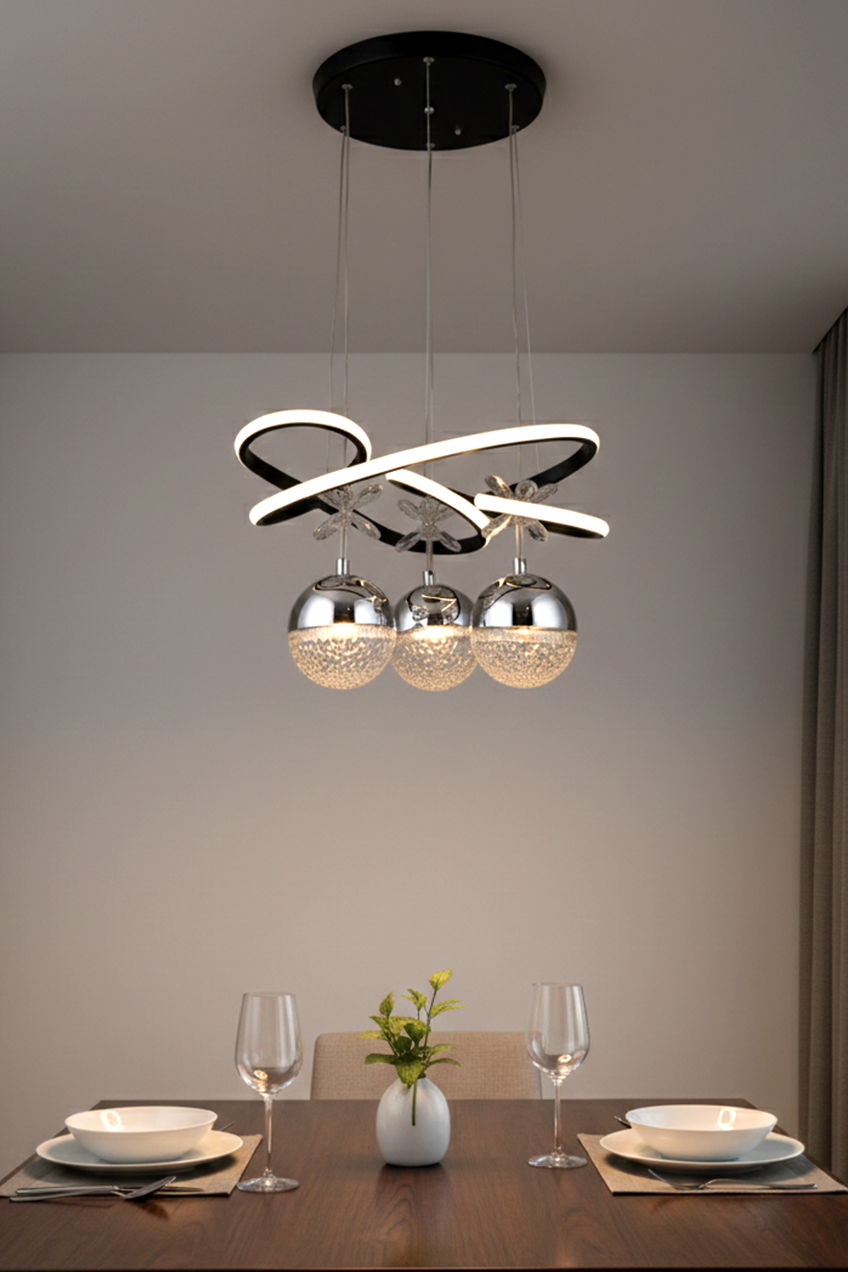 Trian 3 Toplu Siyah Renk Sarkıt Led Avize, 3 Renk Işık Özellikli Power Led Avize