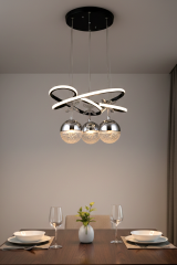 Trian 3 Toplu Siyah Renk Sarkıt Led Avize, 3 Renk Işık Özellikli Power Led Avize