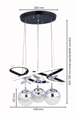 Trian 3 Toplu Siyah Renk Sarkıt Led Avize, 3 Renk Işık Özellikli Power Led Avize