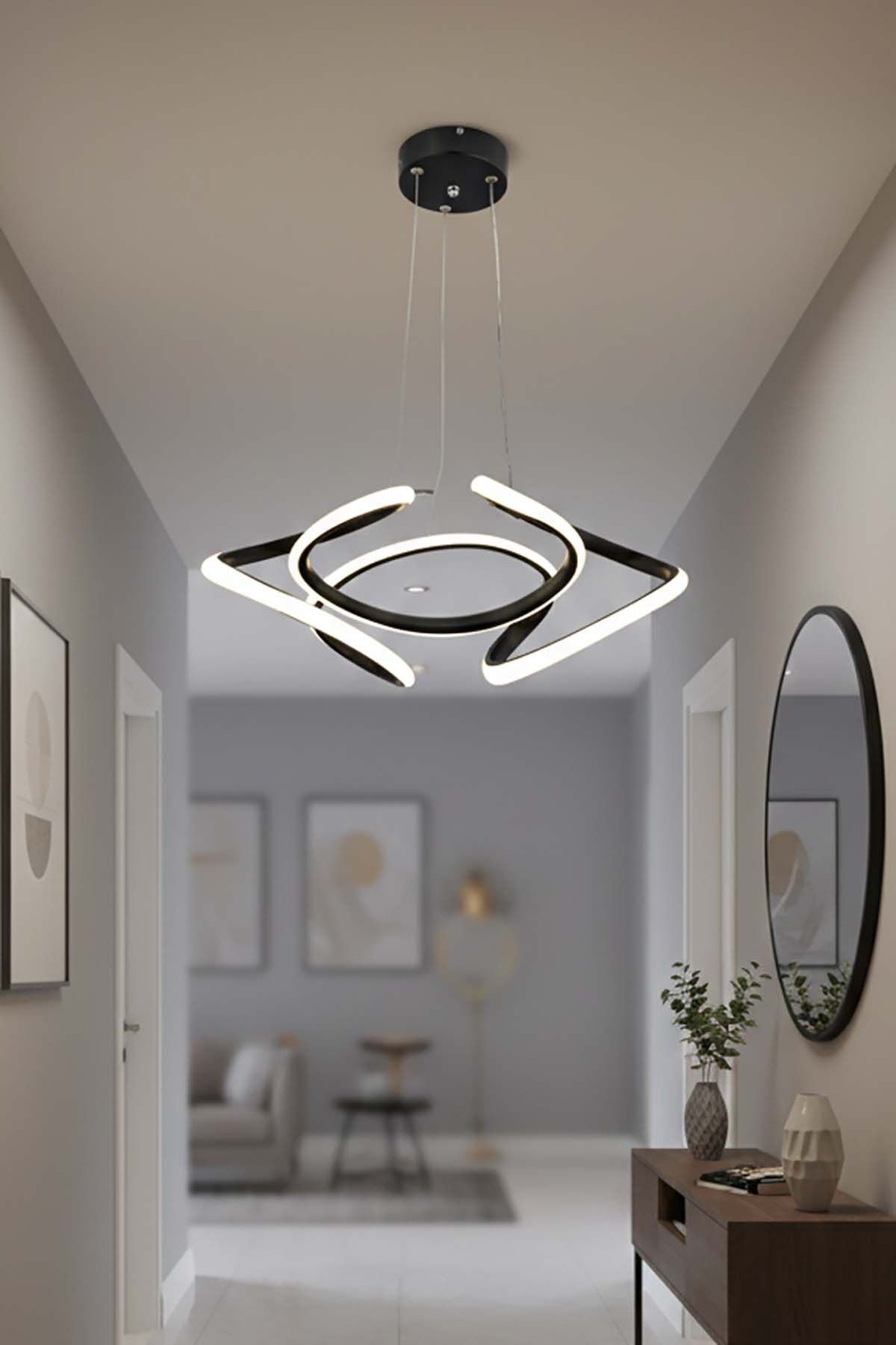 Napoli Serisi Küçük Siyah Sarkıt Avize, 3 Renk Yanabilen Power Led Avize, Modern Salon Oturma Odası Led Avize