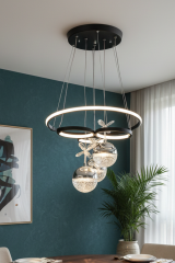 Galaksi Serisi 3 Toplu Siyah Sarkıt Led Avize, 3 Renk Işık Özellikli Power Led Avize