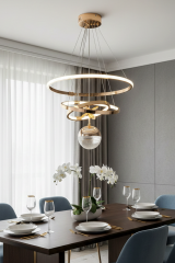 Çember Model Tek Top Gold Renk Sarkıt Led Avize, 3 Renk Yanabilen Power Led Avize