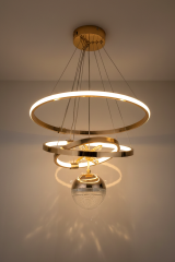 Çember Model Tek Top Gold Renk Sarkıt Led Avize, 3 Renk Yanabilen Power Led Avize