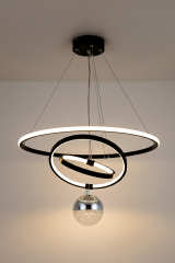 Çember Model Tek Top Siyah Renk Sarkıt Led Avize, 3 Renk Yanabilen Power Led Avize