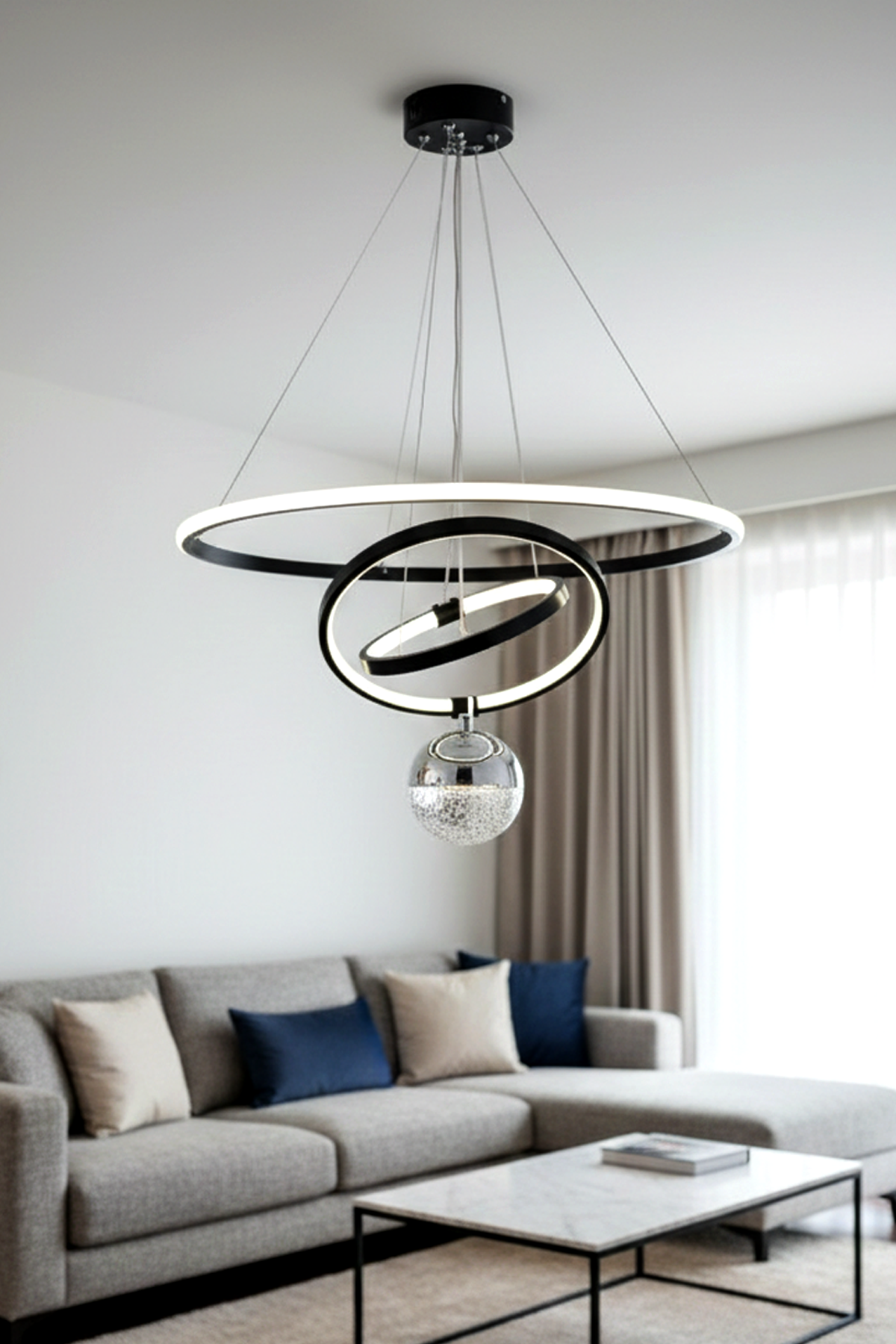 Çember Model Tek Top Siyah Renk Sarkıt Led Avize, 3 Renk Yanabilen Power Led Avize