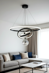 Çember Model Tek Top Siyah Renk Sarkıt Led Avize, 3 Renk Yanabilen Power Led Avize