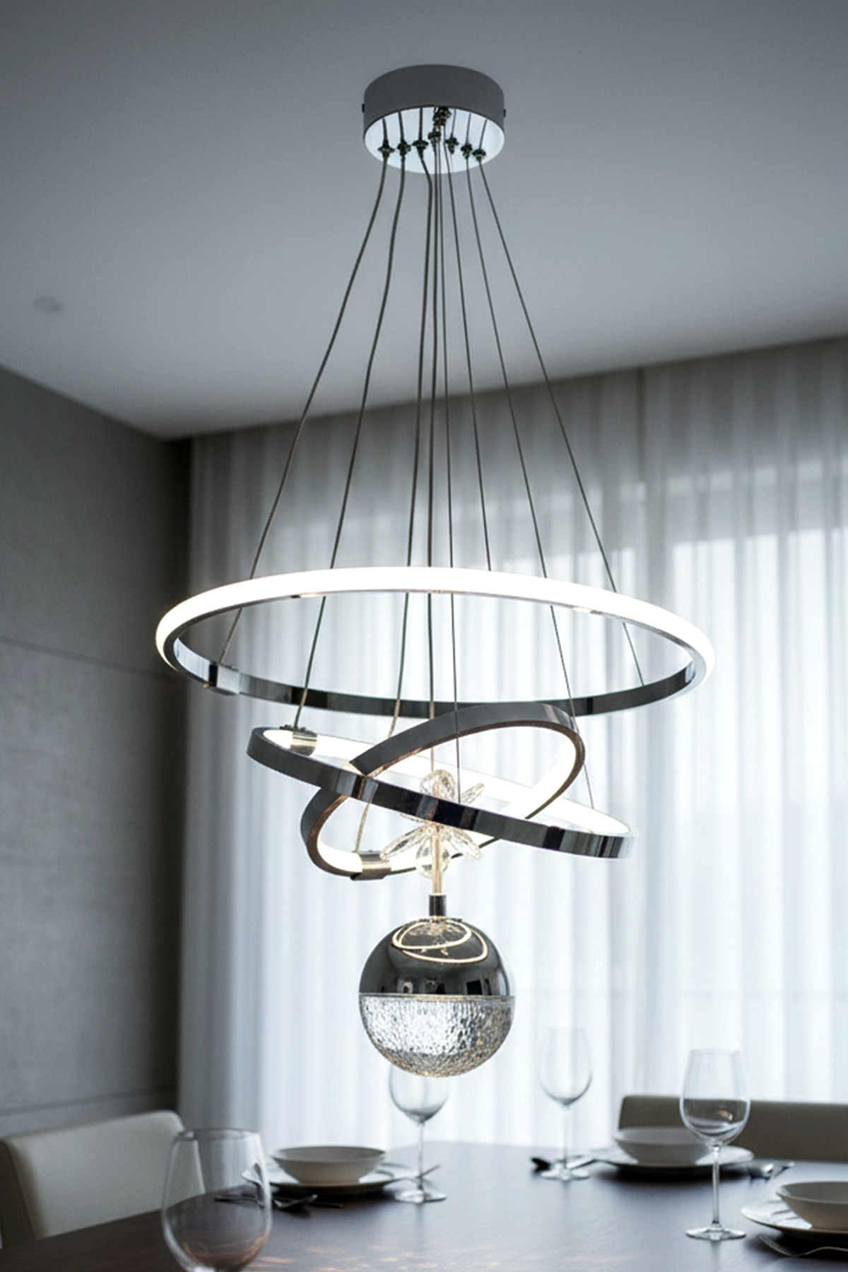 Çember Model Tek Top Krom Renk Sarkıt Led Avize, 3 Renk Yanabilen Power Led Avize