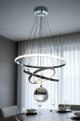 Çember Model Tek Top Krom Renk Sarkıt Led Avize, 3 Renk Yanabilen Power Led Avize