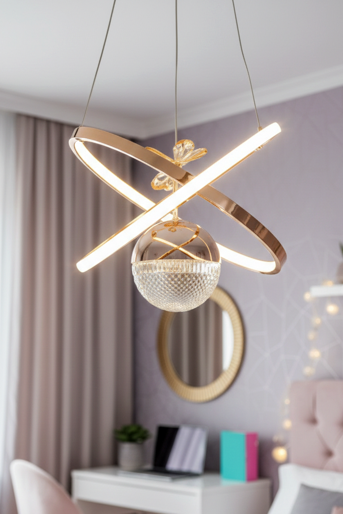 Kıraç Model Tek Top Gold Sarkıt Led Avize, 3 Renk Yanabilen Power Led Avize