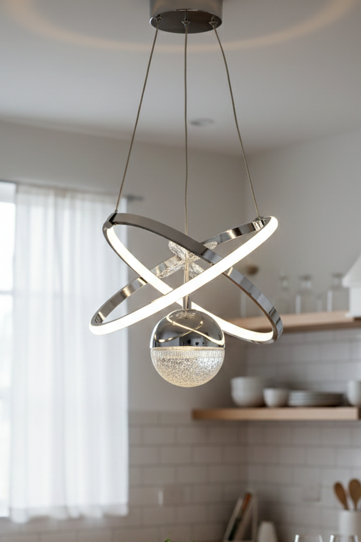 Kıraç Model Tek Top Krom Sarkıt Led Avize, 3 Renk Yanabilen Power Led Avize