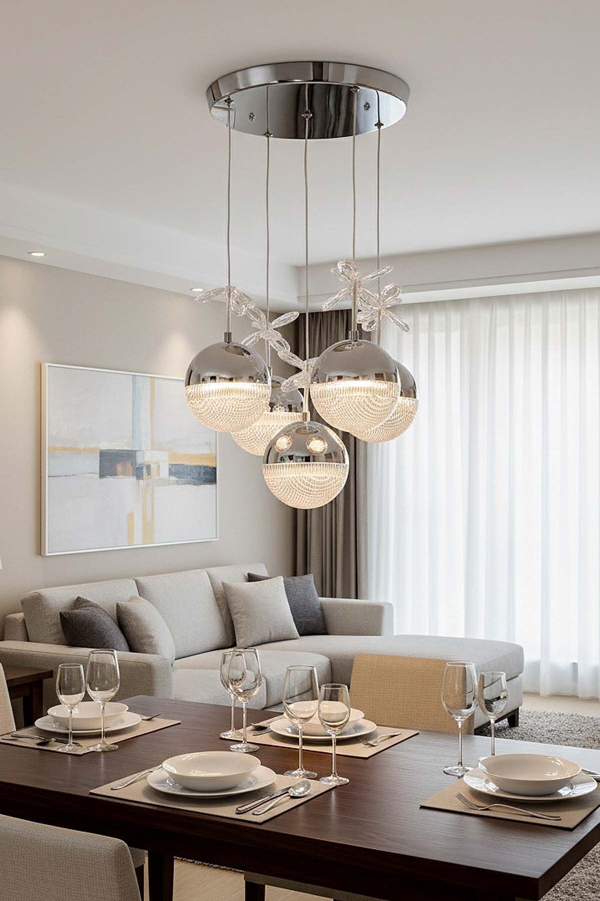 Rosali Serisi 5 Toplu Krom Led Avize, 3 Renk Yanabilen Power Led Avize