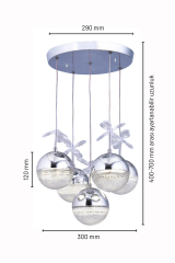 Rosali Serisi 5 Toplu Krom Led Avize, 3 Renk Yanabilen Power Led Avize