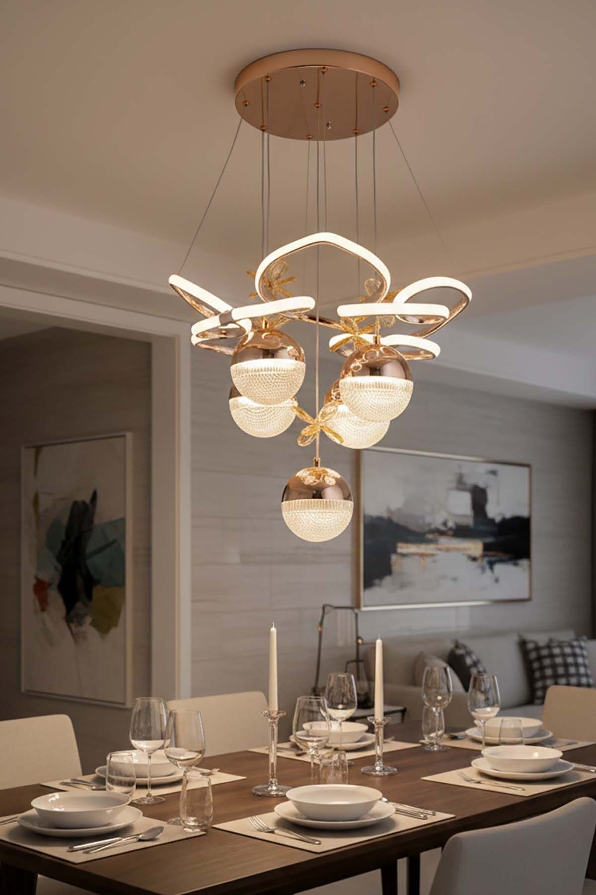 Hale Serisi 5 Toplu Gold Led Avize, Sarkıt Power Led Avize, 3 Renk Yanabilen Led Avize, Modern Salon Oda Led Avize