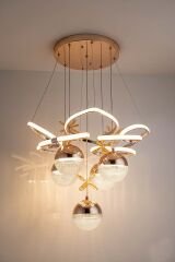 Hale Serisi 5 Toplu Gold Led Avize, Sarkıt Power Led Avize, 3 Renk Yanabilen Led Avize, Modern Salon Oda Led Avize