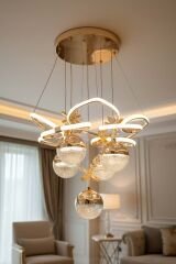 Hale Serisi 5 Toplu Gold Led Avize, Sarkıt Power Led Avize, 3 Renk Yanabilen Led Avize, Modern Salon Oda Led Avize