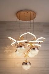 Hale Serisi 5 Toplu Gold Led Avize, Sarkıt Power Led Avize, 3 Renk Yanabilen Led Avize, Modern Salon Oda Led Avize