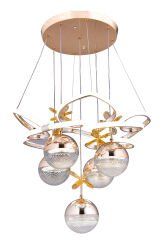 Hale Serisi 5 Toplu Gold Led Avize, Sarkıt Power Led Avize, 3 Renk Yanabilen Led Avize, Modern Salon Oda Led Avize