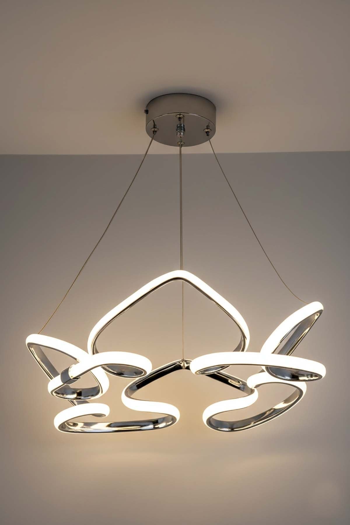 Hale Serisi Büyük Krom Led Avize, 3 Renk Yanabilen Sarkıt Led Avize, Modern Power Led Avize