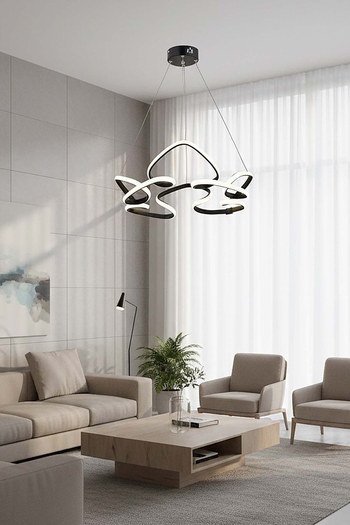 Hale Serisi Büyük Siyah Led Avize, 3 Renk Yanabilen Sarkıt Led Avize, Modern Power Led Avize