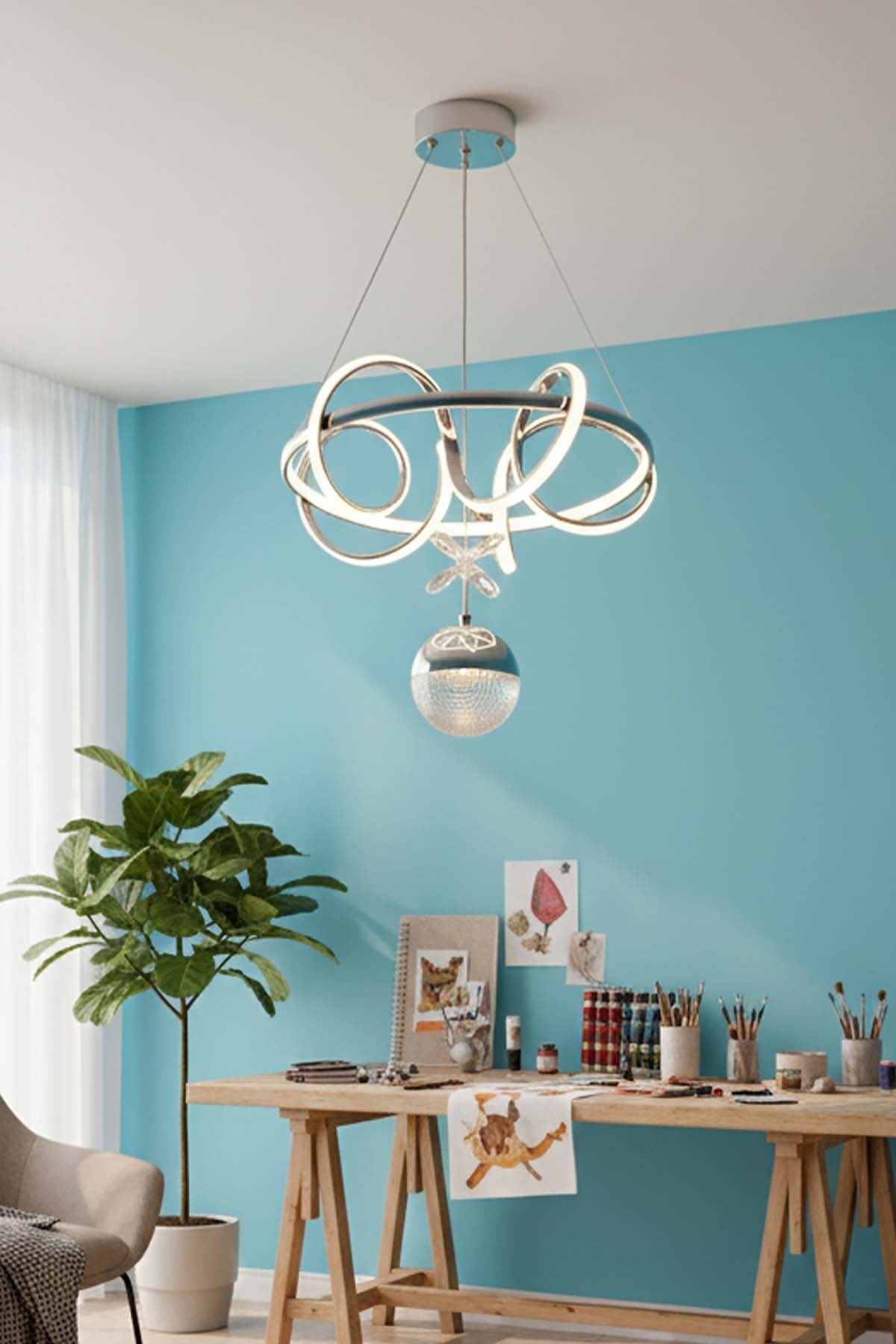 Dart Serisi Tek Toplu Krom Led Avize, Sarkıt Power Led Avize, 3 Renk Yanabilen Led Avize